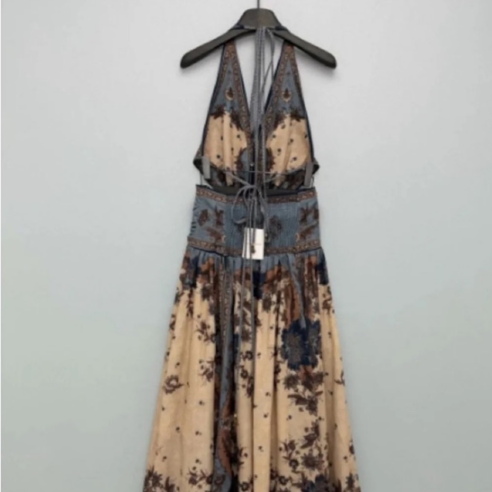 Zimmermann Retro Halter Neck Deep V Backless Linen Print Maxi Dress - Picture 2 of 9